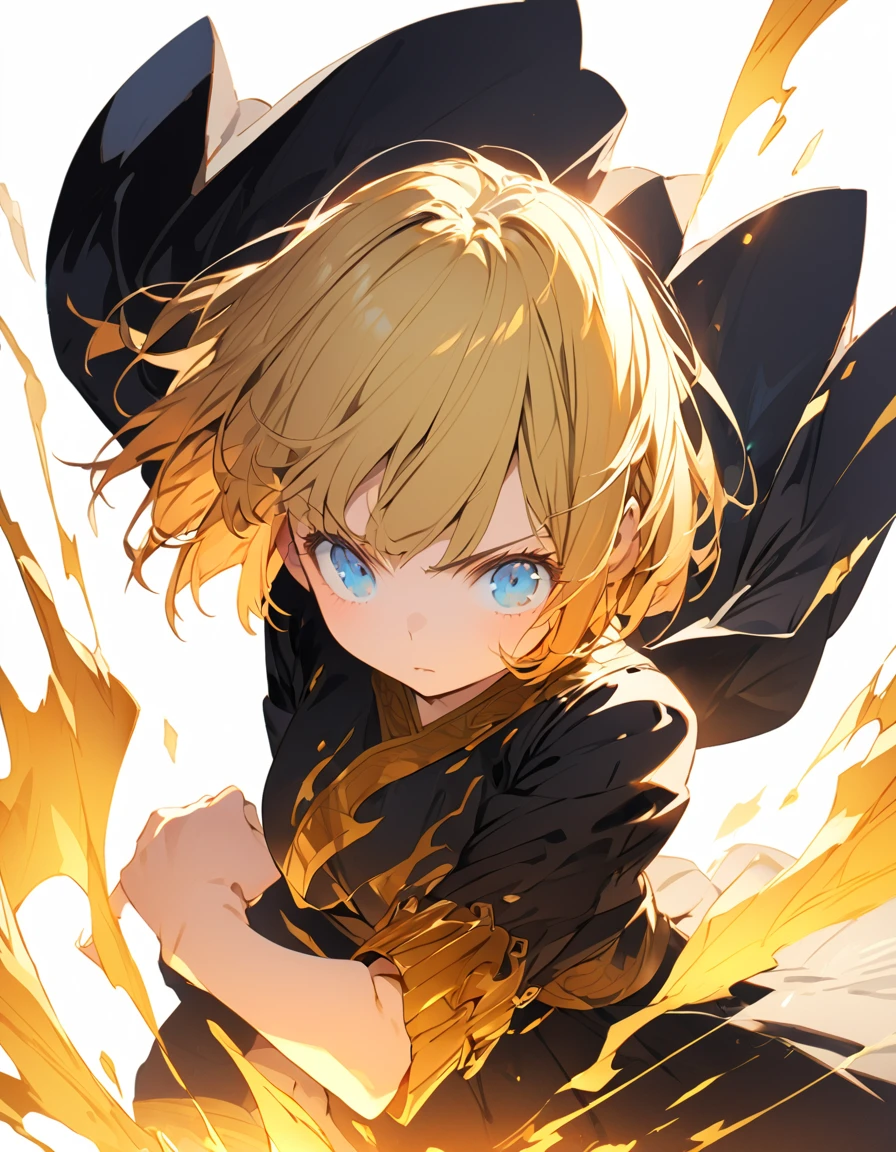 A masterpiece of ultra-precise description of a girl fighting with golden flames (Short Bob Hair:1.4),(blue eyes)Fighting pose Golden flames rise all over