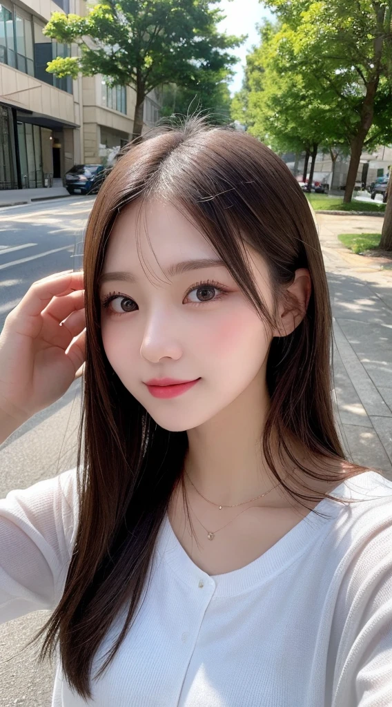 Tabletop, Highest quality, shape, Very detailed, finely, High resolution, 8k wallpaper, 完璧なダイナミックな構shape, Beautiful and exquisite, Nice spring clothes,Beautiful straight hair,Small breasts,Natural color lip, 20-year-old girl、cute、Always blur the background,Perfect and beautiful face,Beautiful and dense face、Slim face and figure,Big eyes、Putting on gal makeup,Actual Photos（Best image quality）、Sexy Face、Fashion model posing、Full Body Shot、smile、Change pose randomly、Randomly change the shooting angle and position、Summer Fashion、Look up at the sky
