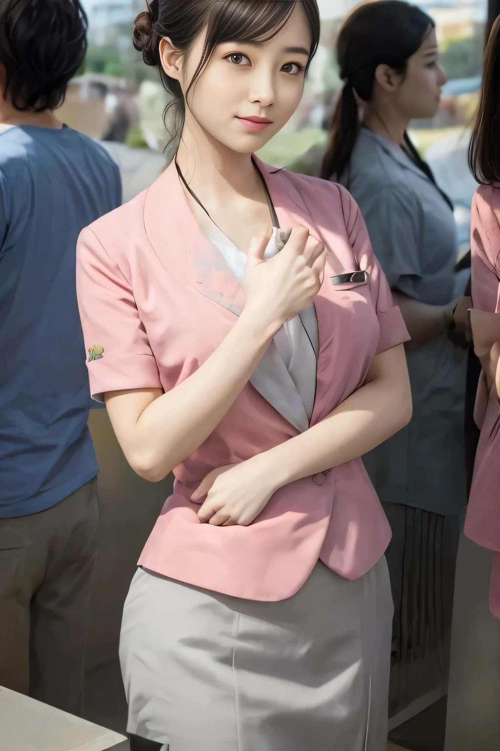 (masterpiece:1.2, Highest quality:1.2), 32k HDR, High resolution, (alone、1 girl)、(On the rooftop of a building in the daytime、Professional Lighting)、Building rooftop background、(Nankai train crew uniform pinkを着たリアルスタイル)、(Nankai train crew uniform pink short sleeve collarless pink jacket、Nankai Train Crew Uniform Pink Collarless Short Sleeve Blouse、Nankai Train Crew Uniform Pink Grey Knee-length Culottes)、((The bottom of the pink short-sleeved jacket cannot be tucked into the clay-colored culottes.))、Dark brown hair、(Hair tied up、Hair Bun、Hair Bun)、Dark brown hair、Long Shot、Big Breasts、Thin legs、((Great hands:2.0)),((Harmonious body proportions:1.5)),((Normal limbs:2.0)),((Normal finger:2.0)),((Delicate eyes:2.0)),((Normal eyes:2.0)))、(Nankai Train Crew Uniform Pink Grey Knee-length Culottesを見せた美しい立ち姿)、smile