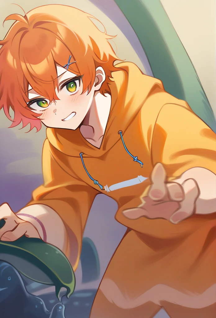 (Shiba Inu Beastman, Blue Eyes, *Brown Hair*, Fluffy, Boy, Cool, Orange Hair) Hoodie, Orange and White Hair on Face, Mischievous Smile, A Little Mischievous, Tall, Standing