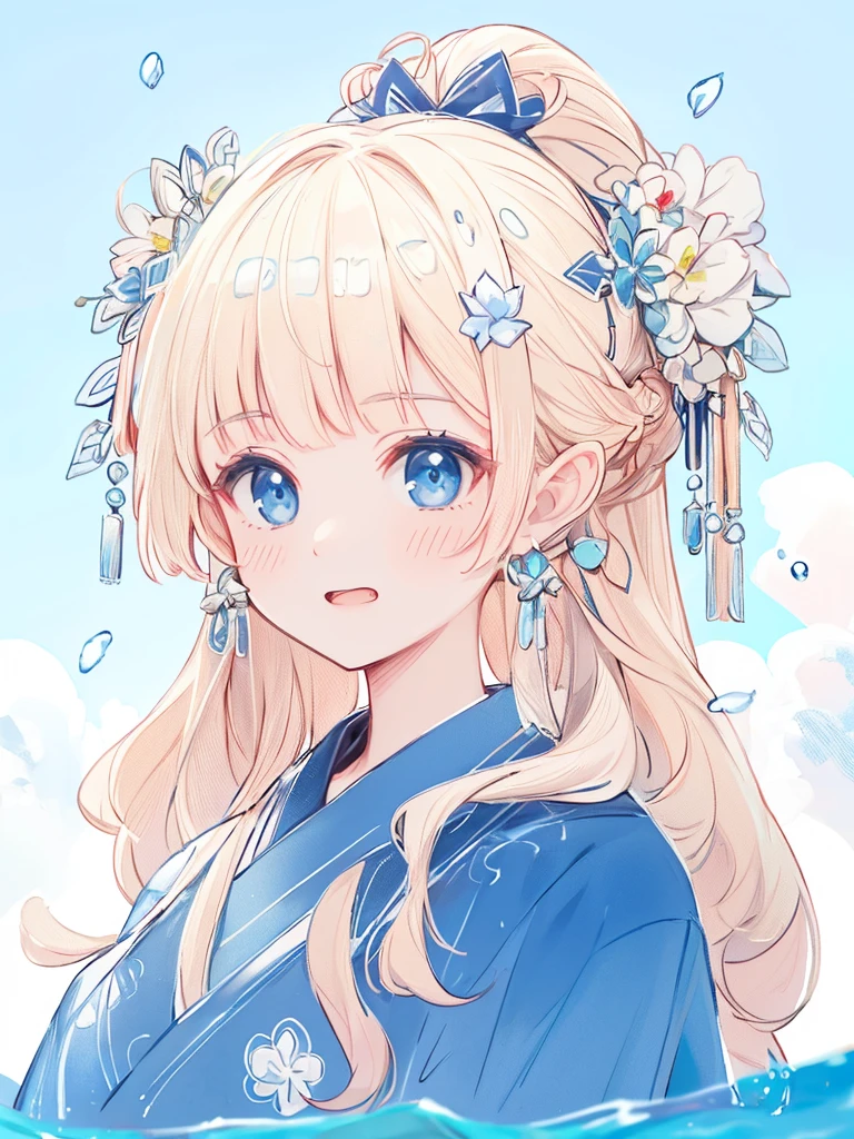 ((4K, master piece, Best Quality)), Cute s,Wind,pale blond hair, Blue eyes,very long twintails,Blue sky,Laugh,double tooth,Closed eyes,Looking at Viewer,Lens Flare, Coastal, swim wears