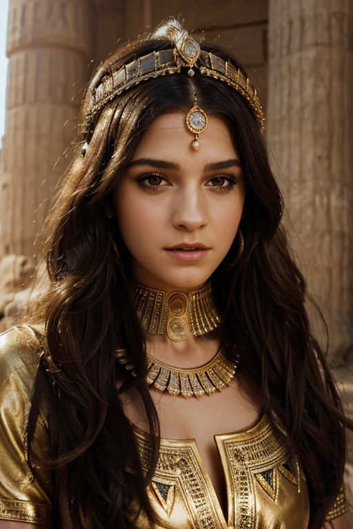 a beautiful woman in an elegant gold suit and elaborate headdress, posing for a portrait, highly detailed, photorealistic, egyptian princess, white emma watson as egyptian goddess cleopatra, wearing an ornate egyptian crown, beautiful goddess, detailed egyptian makeup, egyptian clothing and style, cleopatra, ancient egyptian princess libu, egypt setting, android girl in egyptian ruins, accurate to egyptian tradition, 8k, high resolution, hyper detailed, masterpiece, cinematic lighting, dramatic colors