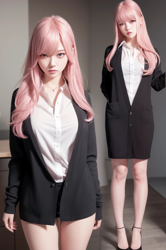 (RAW photo, best quality), (realistic, photo-realistic:1.3), masterpiece, an extremely delicate and beautiful, extremely detailed, CG, unity , 2k wallpaper, Amazing, finely detail, light smile, extremely detailed CG unity 8k wallpaper, huge filesize, ultra-detailed, highres, absurdres, soft light, (((medium hair:1.3), short bang, pink hair, floating hair novafrogstyle)), beautiful detailed girl, detailed fingers, extremely detailed eyes and face, beautiful detailed nose, beautiful detailed eyes, long eyelashes, light on face, looking at viewer, (closed mouth:1.2), 1girl, cute, young, mature face, (full body:1.3), ((small breasts)), realistic face, realistic body, beautiful detailed thigh, (ulzzang-6500-v1.1:0.8), business suit, cross-laced clothes, collared shirt, open clothes, in office, detailed office, open cardigan, black thighhighs, miniskirt, black underwear, unbuttoned shirt,