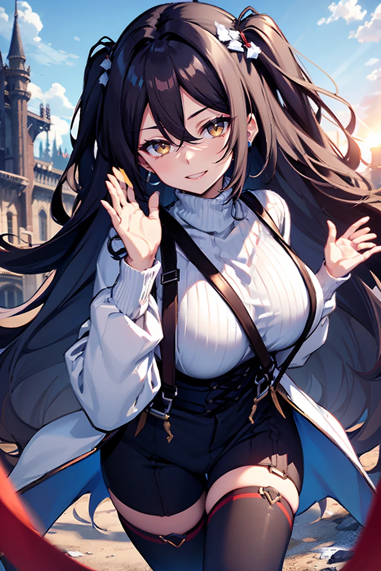 (masterpiece:1.2), (high quality:1.2), (hui xiyi:0.75), rekkyo sensen, rekkyou sensen, girls with((black hair, (tits cleavage:1.15), (waving is hands:1.2), (breasts close up:1.15), (suspenders:1.2), (dress:0.65), (blue clothes:1.05), (belts:0.7), (frills shirt:1.2), (white knit sweater:1.2), camisole, exposed breasts, straps, (turtleneck clothes:1.1), (cross:1.05), (single tights:1.2), (long wavy hair:1.2), (one side up:1.2), nun, long sleeves, (perfect hands:1.05), (five fingers:1.05))), background with((fantasy world, ruin, castle, beautiful sky, shining sky, sunshine))