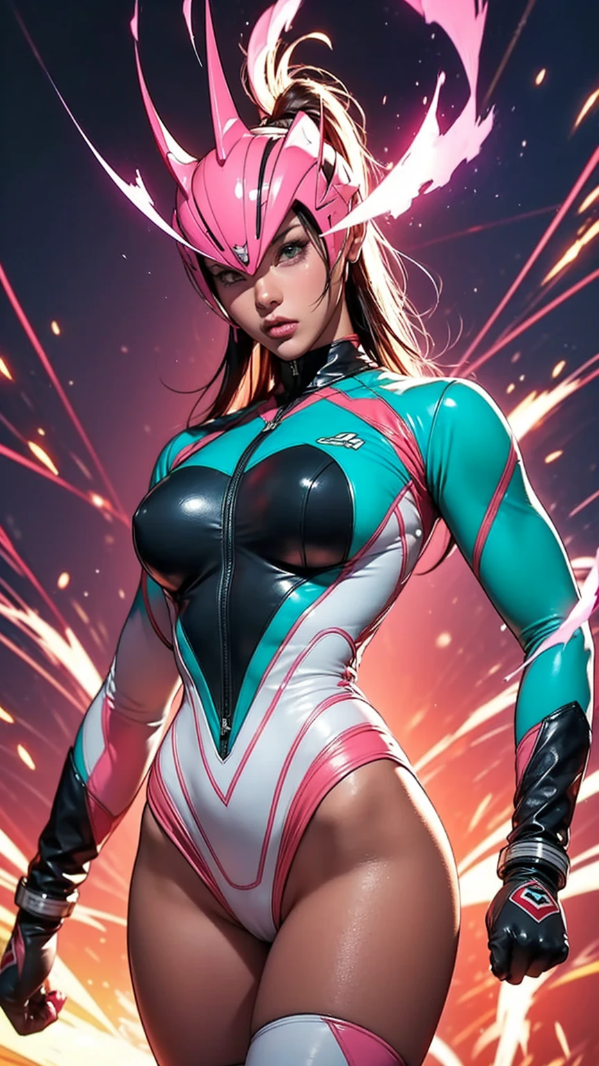 Solo, A brave and courageous image of a 6 member ranger team, Each one is decorated in vibrant colors such as:: ((Pink)), red is front of center, violet, Green, yellow, blue black, white,. Dynamic poses in a background that exudes energy and courage, neon, fire, plasma, Fluorescent, shocking, pink big bomber, splashing pink, running, fighting pose, action pose, Embodying the essence of the classic Sentai superhero team. Each Ranger:: The attire is sophisticated and modern, Each color has elements that reflect its theme., Ready for action. ((Camel Toe)), weapons, in sunset background , in cinematic lighting, cover art mixed cinema poster style,