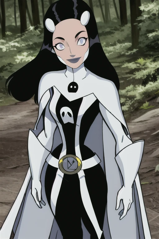 Phantom girl, Tinya Wazzo, solo, girl1, long black hair, bodysuit. grey eyes, smile, grey lips, belt, long white cape, white gloves, best quality, masterpiece, standing, forest, night