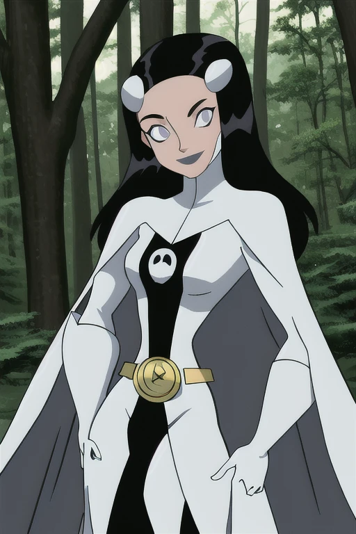 Phantom girl, Tinya Wazzo, solo, girl1, long black hair, bodysuit. grey eyes, smile, grey lips, belt, long white cape, white gloves, best quality, masterpiece, standing, forest, night