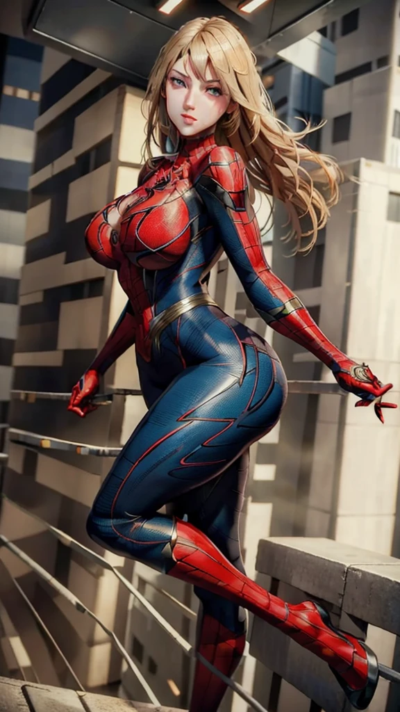A girl，Female Spider-Man，Beautiful face，blond，Blue Eyes，Lively expressions，A charming smile。Red tights mesh pattern，Rooftop，Skyscraper Rooftop Terminal Jump，Full figure，huge breasts, huge ass, With bare legs，，sexy uniform, Light and shadow effects，Fine image quality，excellent work，8K