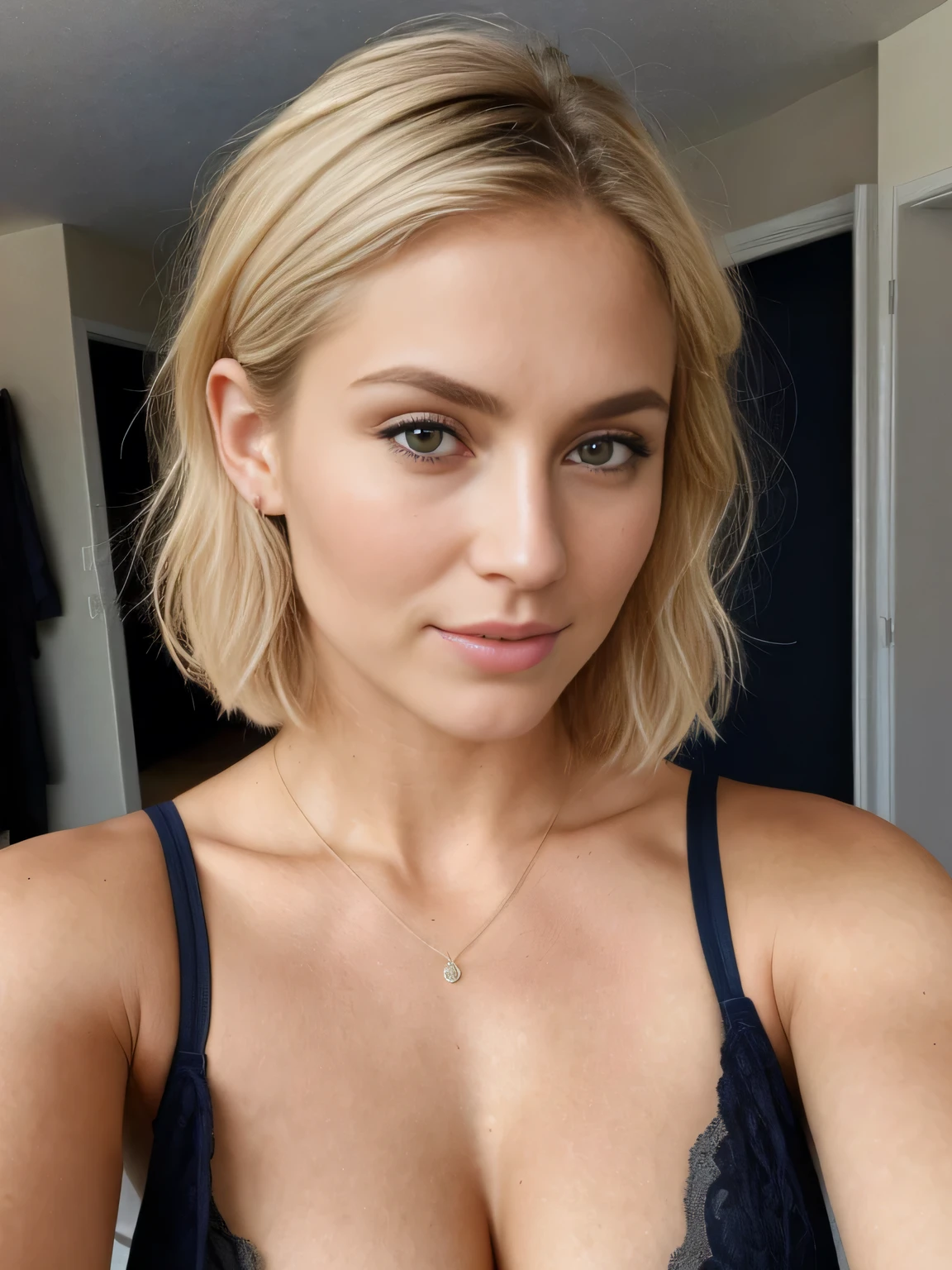 A 30-year-old woman, ((hiperrealism)) ,. short blonde hair . sad face, ((dark blue eyes)), (supermodel face), (thin face), Beautiful, Front view, selfie, photo taken with iPhone, naked, high quality, HD iPhone, (busty), ultraHD, (shot of face and breast)