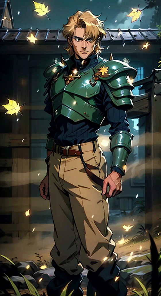 A middle-aged man with short golden hair, thick hair, a large X-shaped scar on his face, has gentle eyes, a calm expression, a fantasy-style coat with leaf-shaped chest armor, the color scheme is mainly grass green, with earthy yellow as secondary colors, a belt around his waist, coarse cloth trousers, the background shows a medieval fantasy-style street with snowflakes falling, this character embodies a finely crafted fantasy-style soldier in anime style, characterized by an exquisite and mature manga illustration art style, high definition, best quality, highres, ultra-detailed, ultra-fine painting, extremely delicate, professional, anatomically correct, symmetrical face, extremely detailed eyes and face, high quality eyes, creativity, RAW photo, UHD, 8k, Natural light, cinematic lighting, masterpiece:1.5