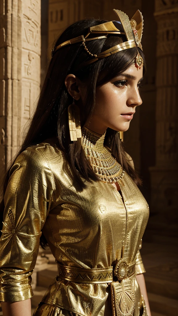 a beautiful woman in an elegant gold suit and elaborate headdress, posing for a portrait, highly detailed, photorealistic, egyptian princess, white emma watson as egyptian goddess cleopatra, wearing an ornate egyptian crown, beautiful goddess, detailed egyptian makeup, egyptian clothing and style, cleopatra, ancient egyptian princess libu, egypt setting, android girl in egyptian ruins, accurate to egyptian tradition, 8k, high resolution, hyper detailed, masterpiece, cinematic lighting, dramatic colors
