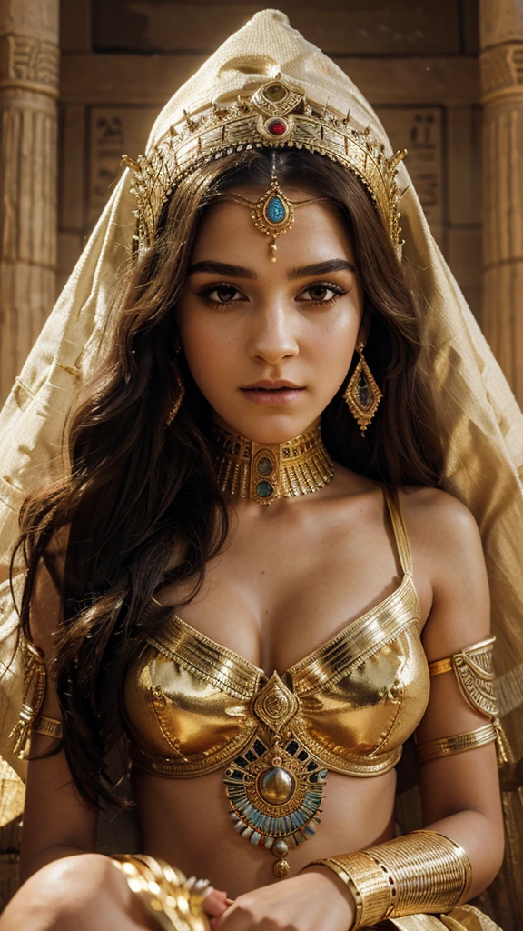 a beautiful woman in an elegant gold suit and elaborate headdress, posing for a portrait, highly detailed, photorealistic, egyptian princess, white emma watson as egyptian goddess cleopatra, wearing an ornate egyptian crown, beautiful goddess, detailed egyptian makeup, egyptian clothing and style, cleopatra, ancient egyptian princess libu, egypt setting, android girl in egyptian ruins, accurate to egyptian tradition, 8k, high resolution, hyper detailed, masterpiece, cinematic lighting, dramatic colors