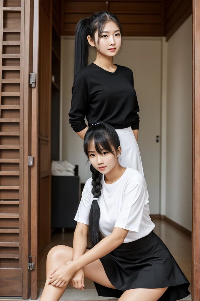 female senior Her was tight because of her proportions. A long black and blue skirt that covers the knees, hair in a ponytail, beautiful, sharp, white skin, proportionate, plump, what you have is what you have according to your age. She is also about 170 cm tall. looking at the camera