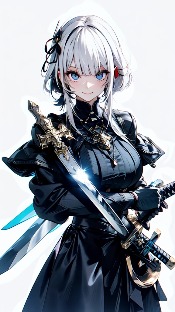 Short Hair, bangs, curtained hair, crossed bangs, Long hair, Messy hair, pony tails, bangs, curtained hair, crossed bangs, Messy hair, pony tails, Big hair, ((３７Old woman)), hair ear, hair tying, hair flaps, widow peak, head gear, Hair ribbon, kanzashi, hairpods, white hair ribbon, Moles under eyes, Raised eyebrows, eyeball, Evil smile, crazy, Shy, scowling, jitome, gloom (expression),  smile, anime big breast, Minimalism, Anime style, anime big breast, Minimalism, Anime style, angle of view, From above, hyper HD, retinas, Masterpiece, ccurate, Textured skin, Super detail, High quality, High details, Award-Awarded, (Best quality), A high resolution, 16K, hyper HD, retinas, Masterpiece, ccurate, Textured skin, Super detail, (High quality), High details, Award-Awarded, Best quality), (A high resolution, 16K(((White skin))((Carrying a sword))