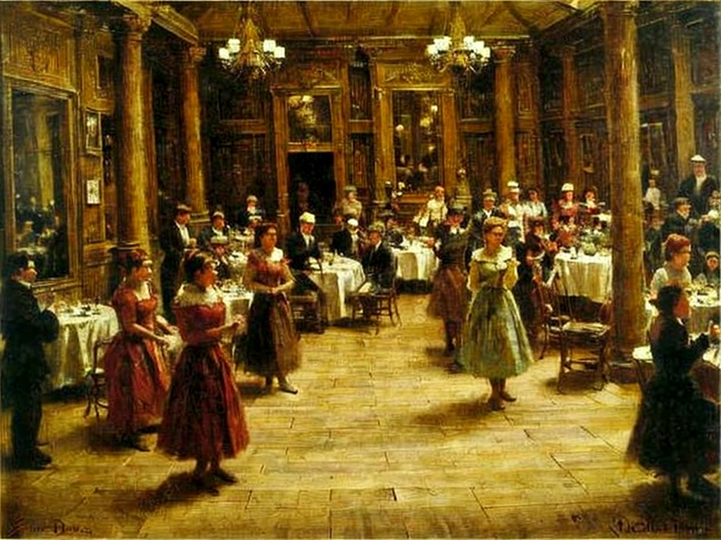 painting of empty dance hall, with bars, wooden floor, chandeliers, by edgar degas painting