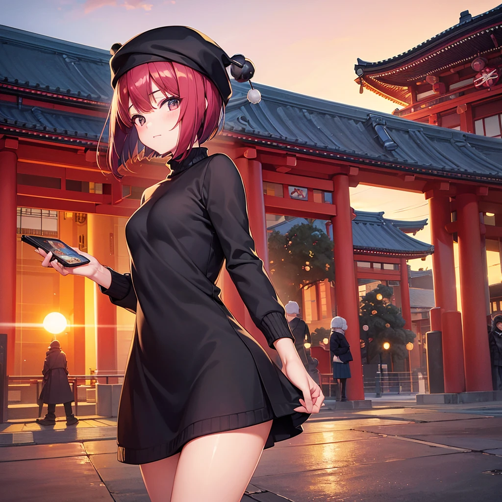 8K ultra-high quality，Super beautiful girl，Short Bob，Long sleeve，Miniskirt Cart，Knitted hat，Small breasts，Asakusa（In front of Kaminarimon），sunset，Longing for someone，