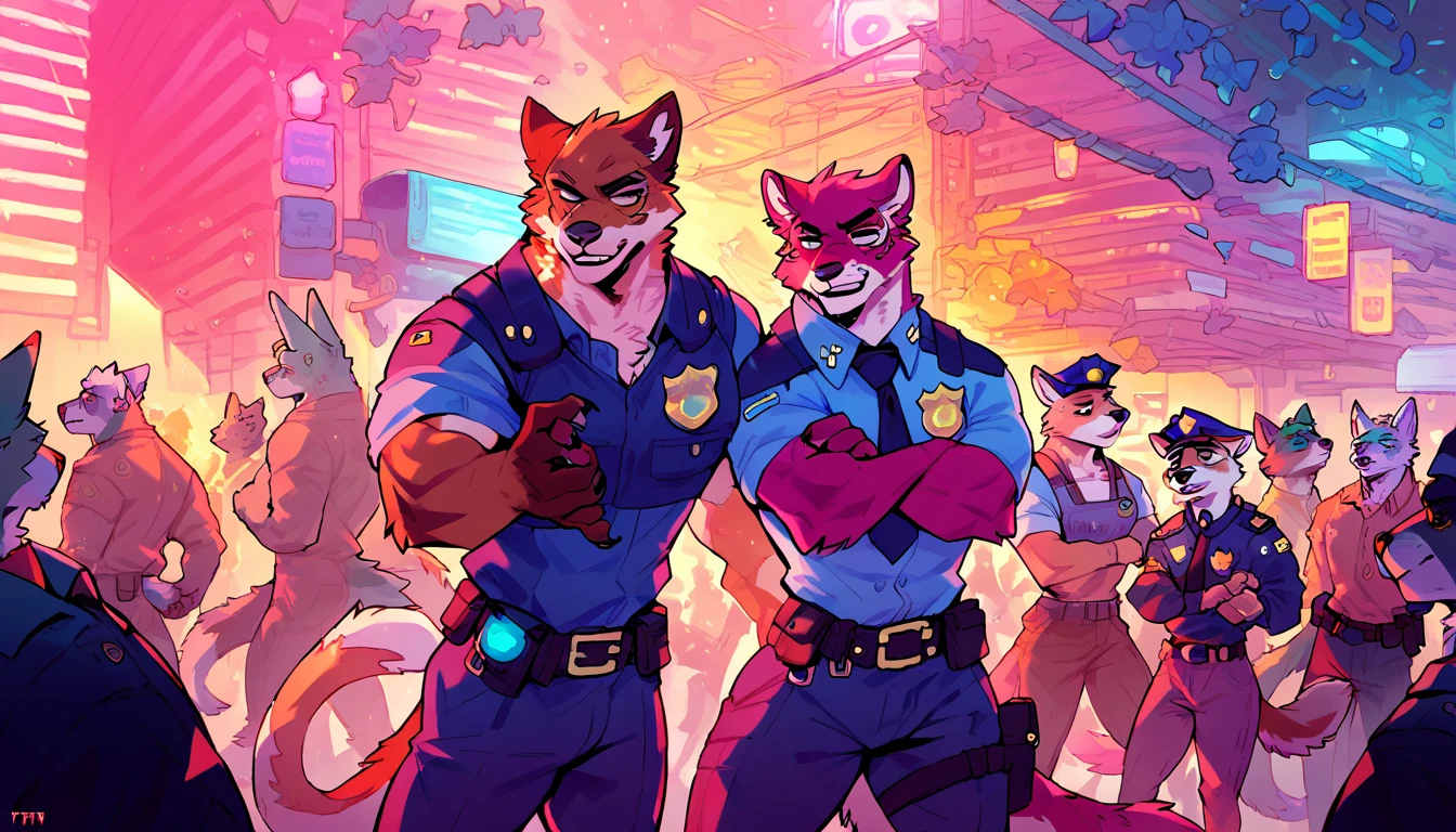 score_9, score_8_up, score_7_up, (cyberpunk city, daytime, sunny day, police office, buildings on background),
((Furry), anthro, male, (police crew), group, 2others, standing, crowd, wearing police uniform, muscular body, beautiful