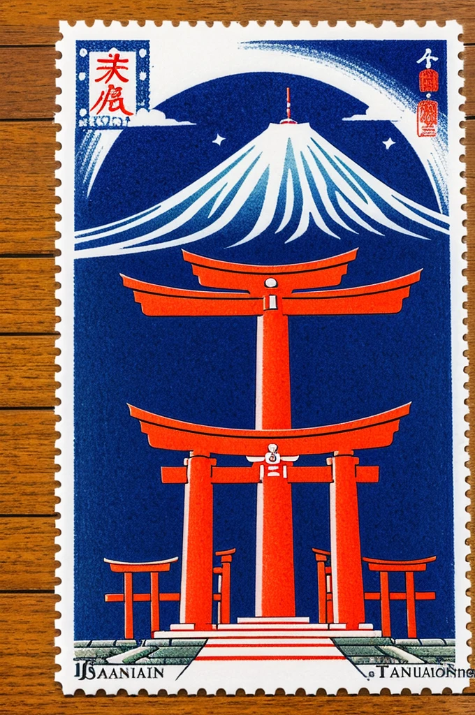 Create a stamp, marked for postage, in traditional Japanese style with iconic Japanese background of a torii inari shrine.