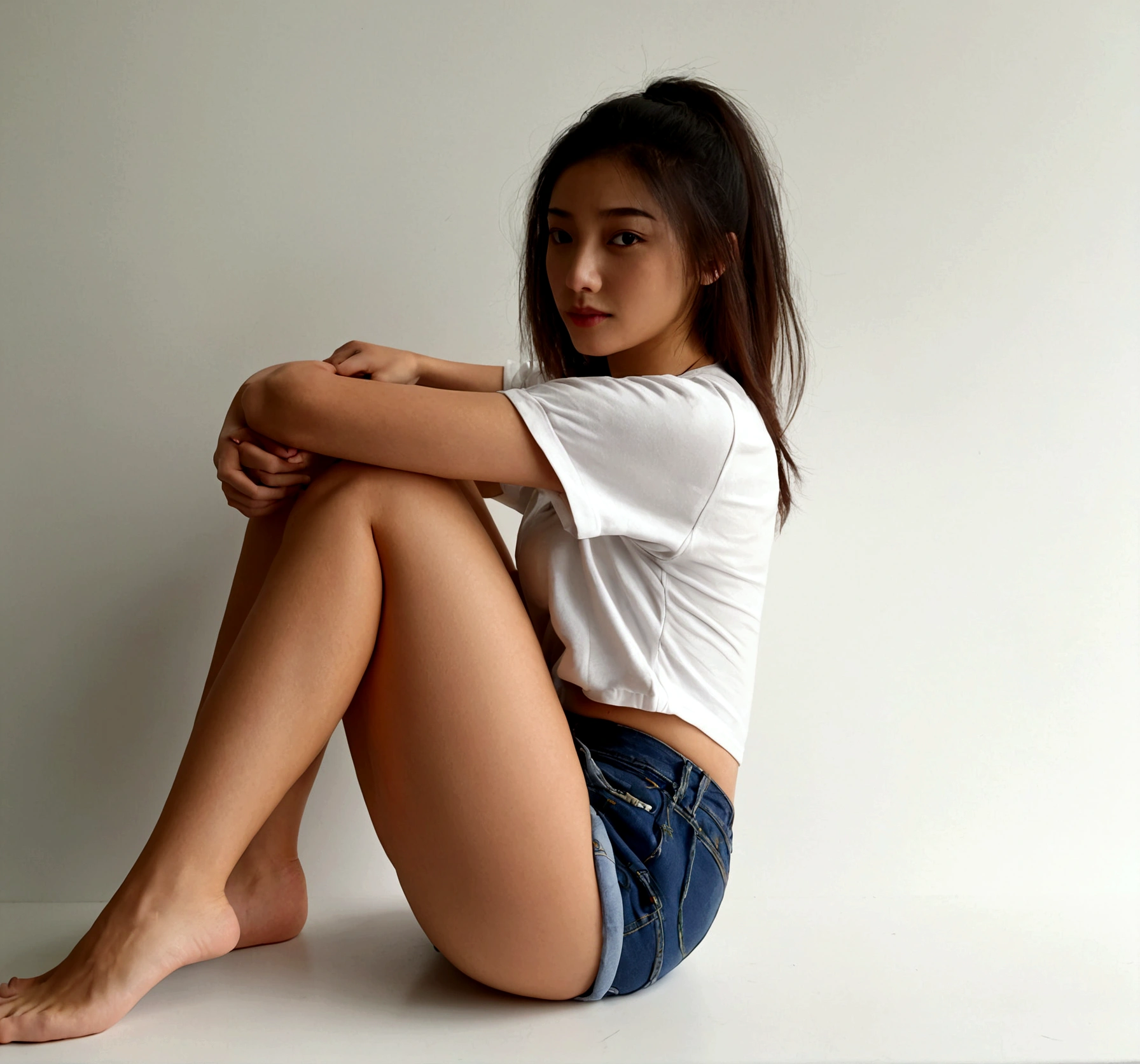woman sitting booty shorts with her legs spread