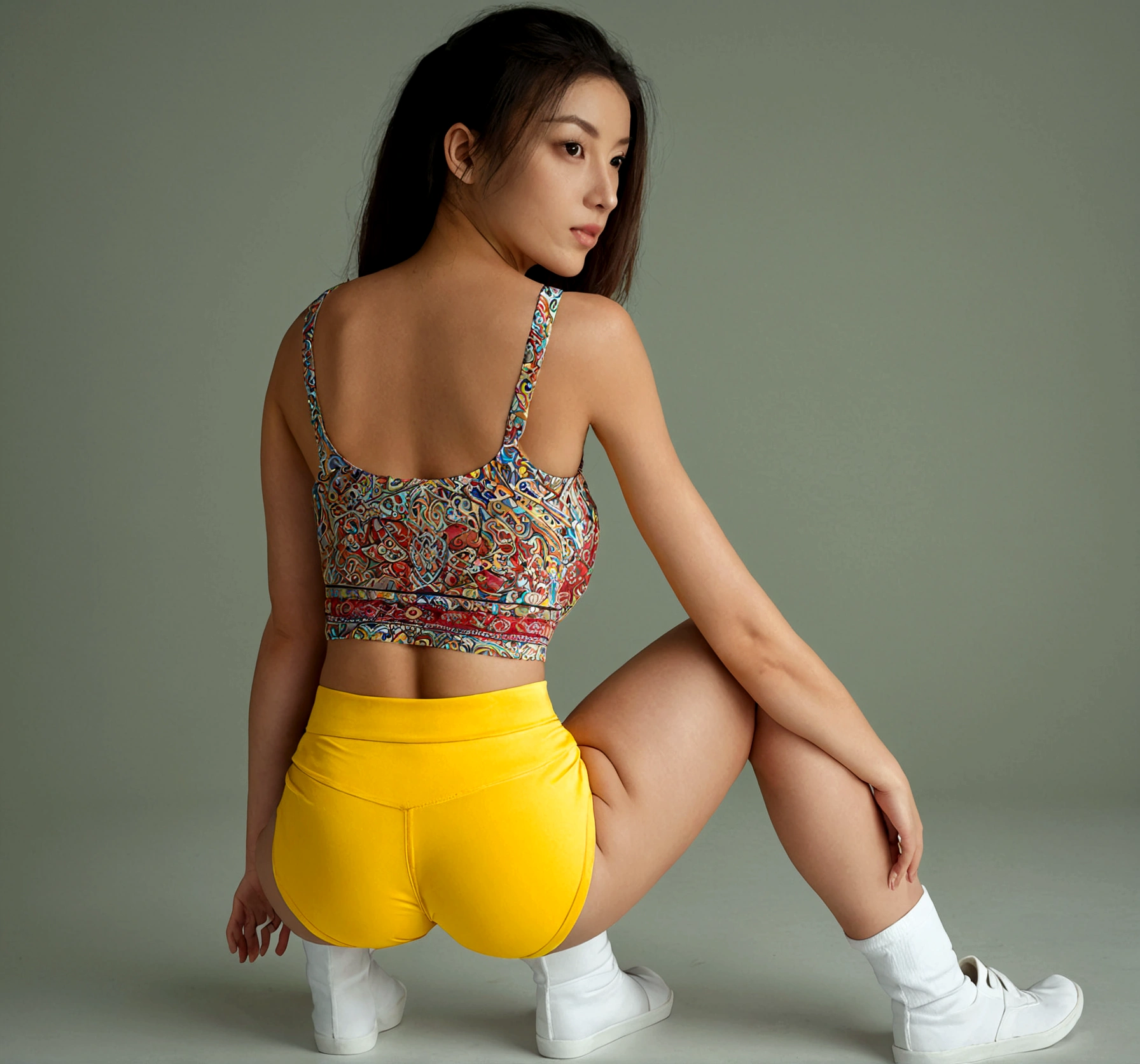 woman sitting booty shorts with her legs spread