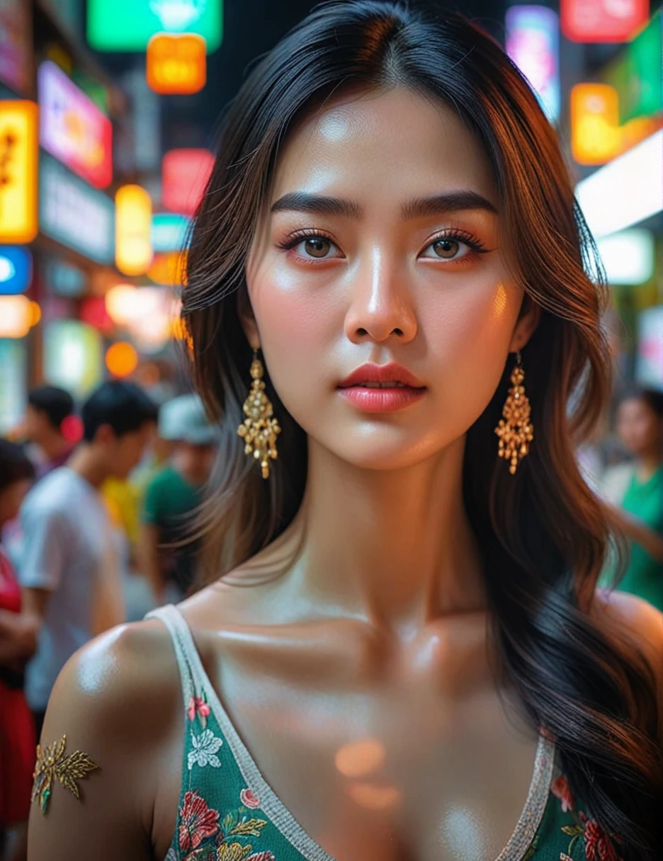 A masterpiece of optical realism, Highly detailed, lifelike 8k photos, Best movie quality, Volumetric light and shadow, femaleสาวในชุดสีทาหน้า ktrmkp, beautiful_female_shape__, __background__ Full of busy people, __beautiful_shot__ 