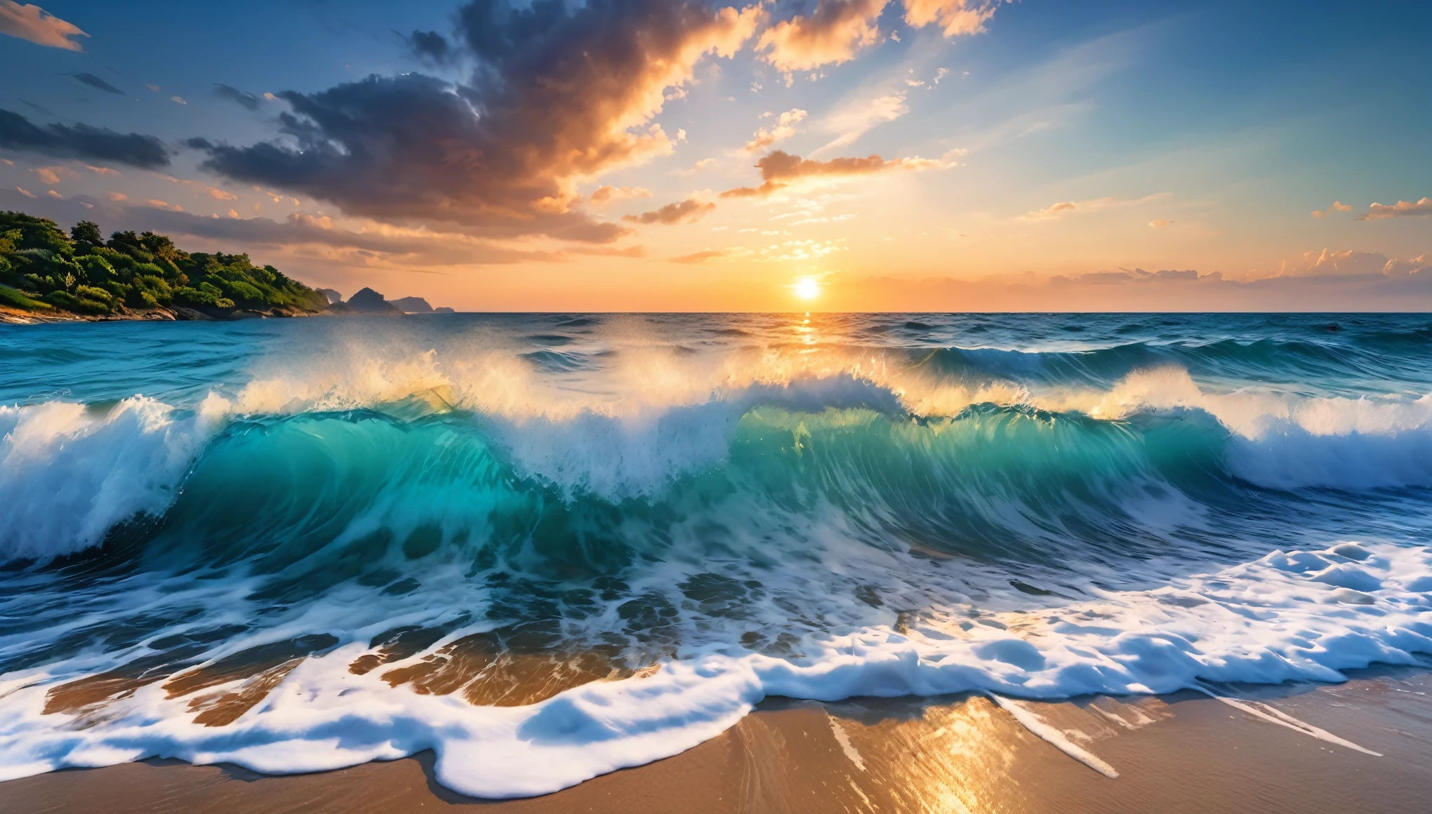 sea waves, beach, sunset, blue sea landscape photo, (masterpiece, ultra quality, high resolution, 8k, intricate: 1.2), (masterpiece), (best quality:1)