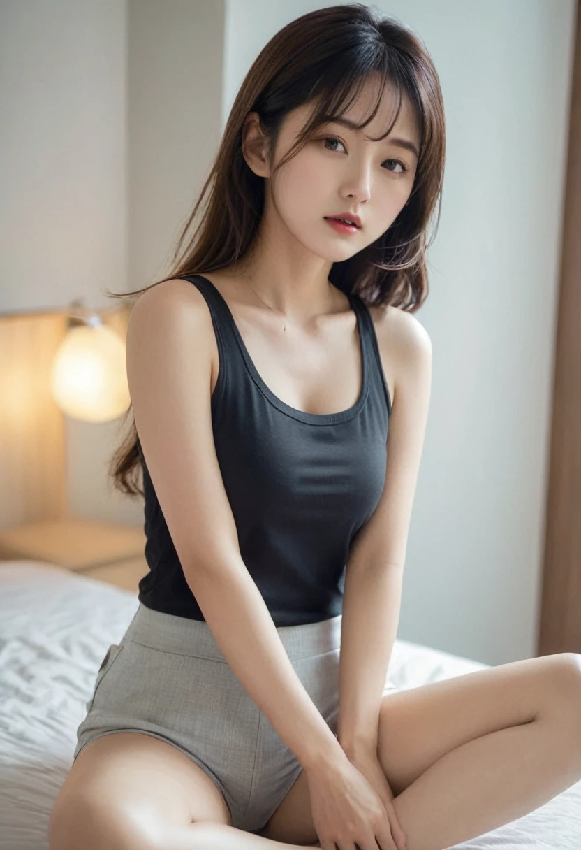 a picture of korean girl wearing tanktop sit in the bedroom, sexy pose