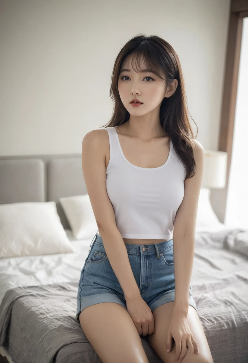 a picture of korean girl wearing tanktop sit in the bedroom, sexy pose
