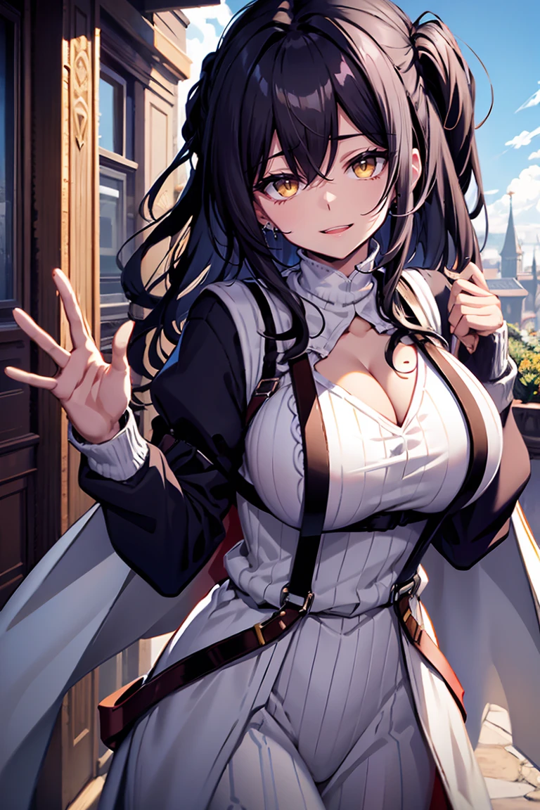 (masterpiece:1.2), (high quality:1.2), (hui xiyi:0.75), rekkyo sensen, rekkyou sensen, girls with((black hair, (tits cleavage:1.15), (waving is hands:1.2), (breasts close up:1.15), (suspenders:1.2), (dress:0.65), (blue clothes:1.05), (belts:0.7), (frills shirt:1.2), (white knit sweater:1.2), camisole, exposed breasts, straps, (long dress:1.1), (cross:1.05), (white tights:1.2), (long wavy hair:1.2), (one side up:1.2), nun, long sleeves, (perfect hands:1.05), (five fingers:1.05))), background with((fantasy world, ruin, castle, beautiful sky, shining sky, sunshine))