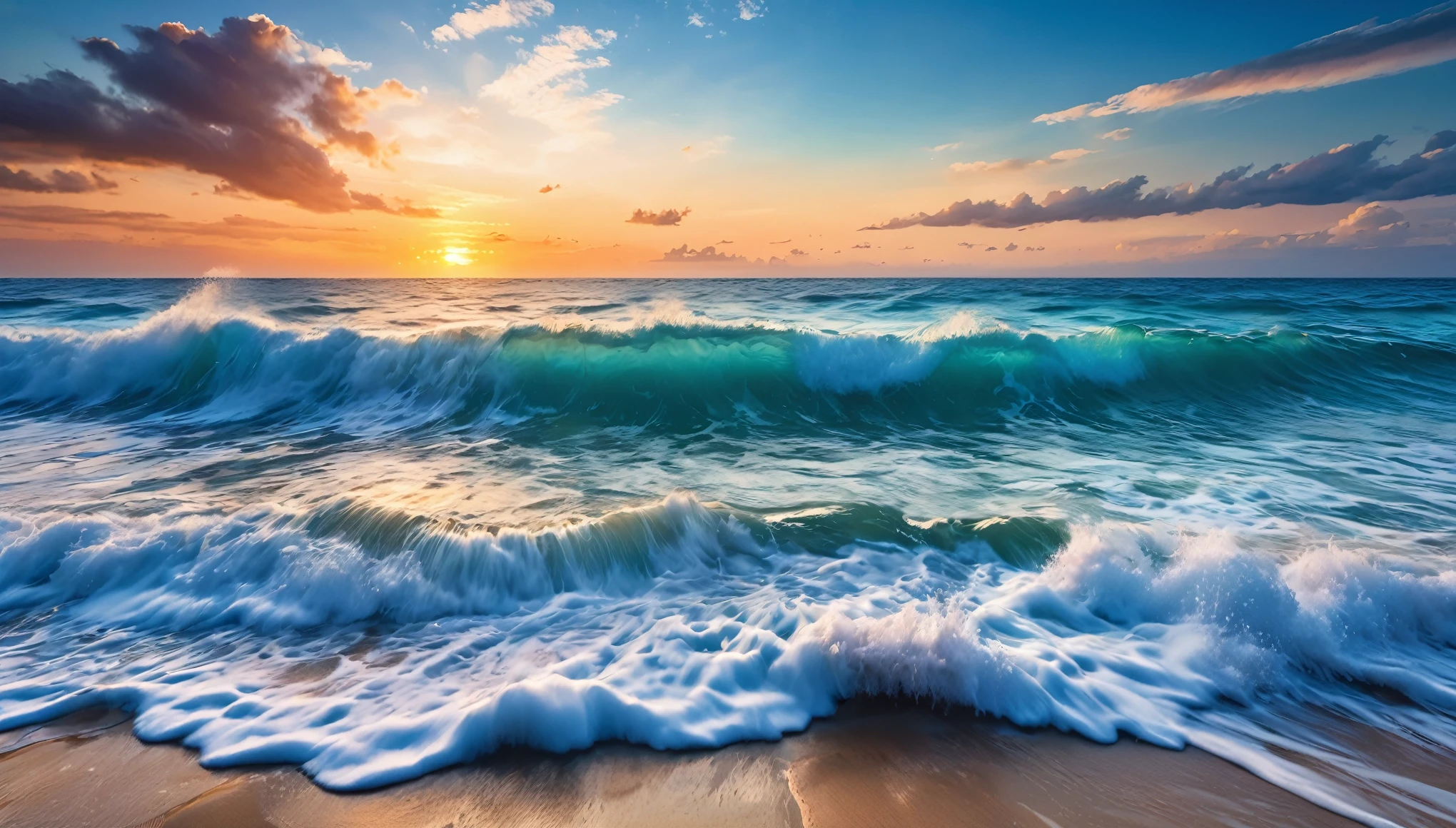 sea waves, beach, sunset, blue sea landscape photo, (masterpiece, ultra quality, high resolution, 8k, intricate: 1.2), (masterpiece), (best quality:1)