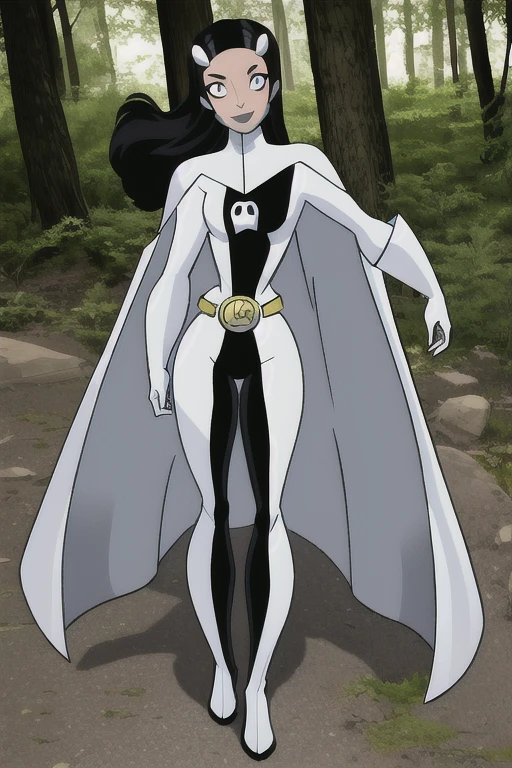 Phantom girl, Tinya Wazzo, solo, girl1, long black hair, bodysuit. grey eyes, smile, grey lips, belt, long white cape, white gloves, best quality, masterpiece, standing, forest, night, full body view
