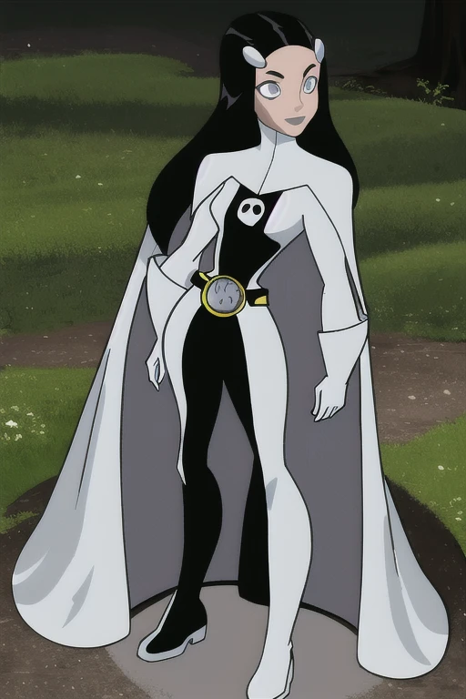 Phantom girl, Tinya Wazzo, solo, girl1, long black hair, bodysuit. grey eyes, smile, grey lips, belt, long white cape, white gloves, best quality, masterpiece, standing, forest, night, full body view