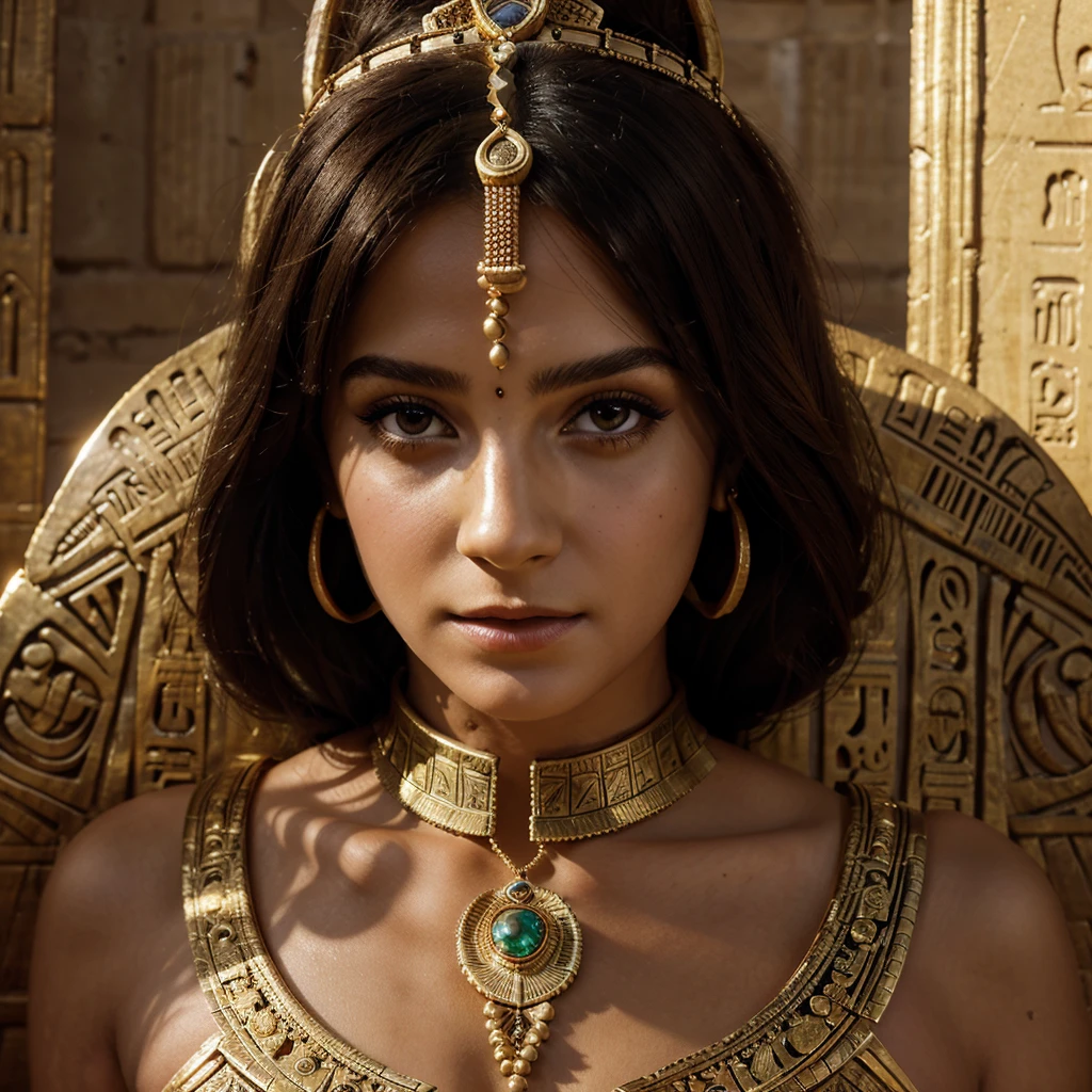 a beautiful woman in an elegant gold suit and elaborate headdress, posing for a portrait, highly detailed, photorealistic, egyptian princess, white emma watson as egyptian goddess cleopatra, wearing an ornate egyptian crown, beautiful goddess, detailed egyptian makeup, egyptian clothing and style, cleopatra, ancient egyptian princess libu, egypt setting, android girl in egyptian ruins, accurate to egyptian tradition, 8k, high resolution, hyper detailed, masterpiece, cinematic lighting, dramatic colors