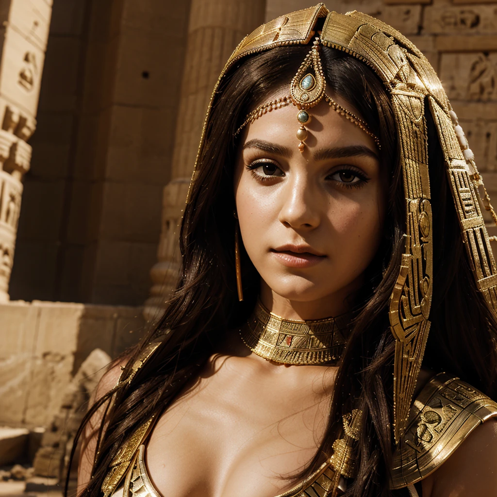 a beautiful woman in an elegant gold suit and elaborate headdress, posing for a portrait, highly detailed, photorealistic, egyptian princess, white emma watson as egyptian goddess cleopatra, wearing an ornate egyptian crown, beautiful goddess, detailed egyptian makeup, egyptian clothing and style, cleopatra, ancient egyptian princess libu, egypt setting, android girl in egyptian ruins, accurate to egyptian tradition, 8k, high resolution, hyper detailed, masterpiece, cinematic lighting, dramatic colors