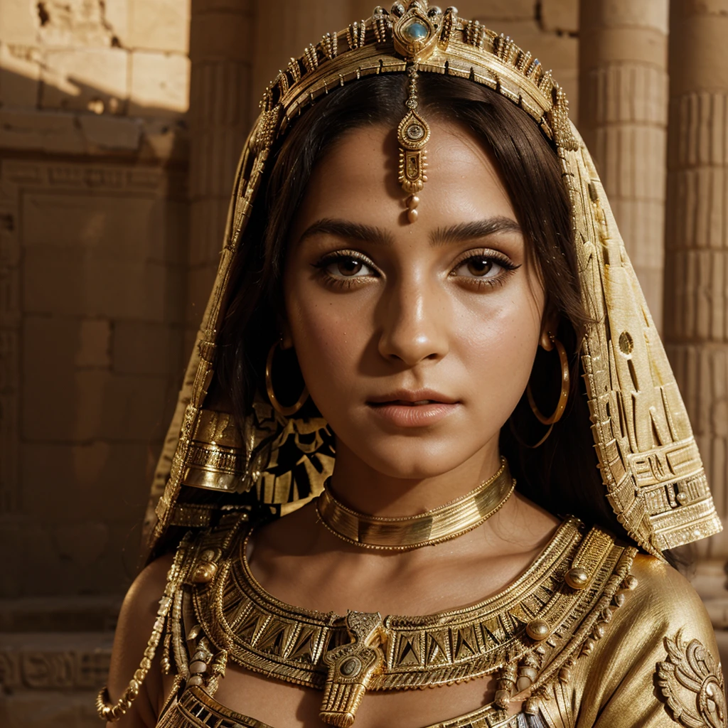 a beautiful woman in an elegant gold suit and elaborate headdress, posing for a portrait, highly detailed, photorealistic, egyptian princess, white emma watson as egyptian goddess cleopatra, wearing an ornate egyptian crown, beautiful goddess, detailed egyptian makeup, egyptian clothing and style, cleopatra, ancient egyptian princess libu, egypt setting, android girl in egyptian ruins, accurate to egyptian tradition, 8k, high resolution, hyper detailed, masterpiece, cinematic lighting, dramatic colors