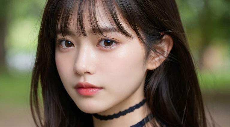 (Long Hair, bangs:1.2),(Put on a choker, Wear a black blouse:1.2),1 girl,Japanese,21 years old,(Small breasts:1.3),(Highest quality,masterpiece:1.3,超A high resolution,),(Ultra-detailed,Caustics),(Photorealistic:1.4,RAW shooting,)Ultra-Realistic Capture,Very detailed,High resolution 16K human skin close-up。 Natural skin texture、,Pores、、It needs to be detailed enough to be easily identifiable。 Skin should be even-toned and healthy looking。 Use natural light and colour, Sad expression, Looking at the camera, Perfect dynamic composition, Outdoor