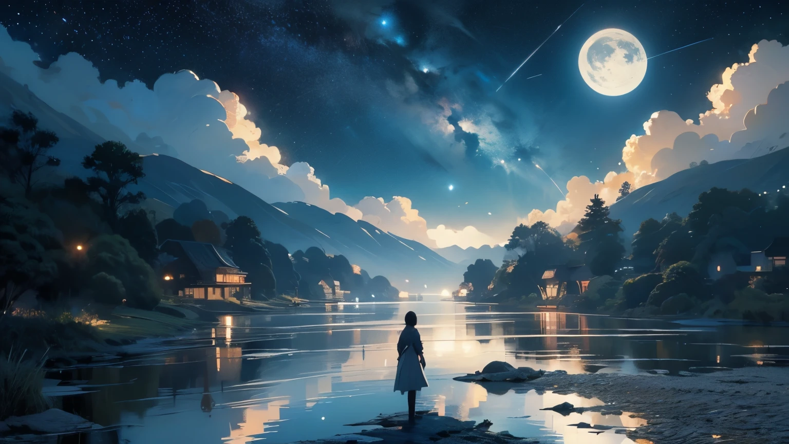 Painting of a river with stars and moon floating in the sky, Concept art inspired by Mitsuoki Tosa, pixiv Contest Winner, Highest quality, Fantasy art, Beautiful anime scene, Bright Moon, 月明かりとStarry Skyの環境, Dream painting, Anime Background Art, Fantasy Landscape Painting, Fantasy Night, Anime Background, Background artwork, Great art, Atmospheric anime, Starry Sky, Detail enhancements.