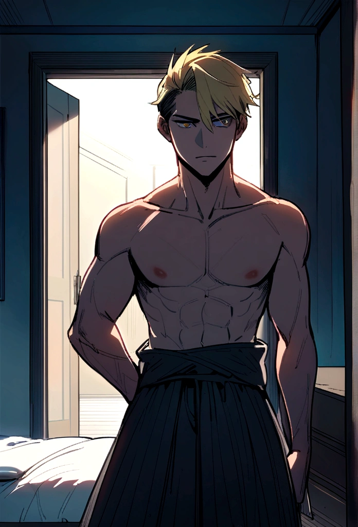 Young white man 25 years old, leve barba, very blond with very light eyes. comely, No blouse, stark. Inside your room.