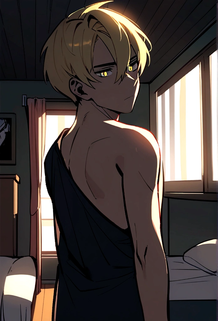 Young white man 25 years old, leve barba, very blond with very light eyes. comely, No blouse, stark. Inside your room.