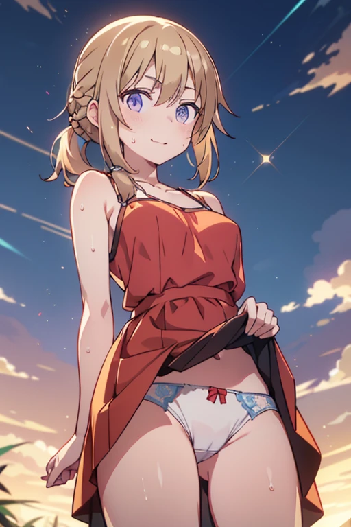 (from below:1.2),(from side:0.9), (Close-Up:0.6), highest quality、(real、photorealistic:1.4)、(RAW photo:1.2)(Curve,Model,glamor:1.5),Beautiful breasts,colour_aberration,beautiful detailed shadow,Beautiful eyes,Beautiful body,Beautiful skin,beautifull hands,(medium_breasts:1.5),1 girl in, (perky chest:1.2), (pointed chest:1.2), dark bronde hair,long hair,side ponytail,hair between eyes,bangs,Purplish brown eyes that dreamers desire, (Blonde hair) , small stature, Colossal tits, Lori, (masutepiece:1.2, Best Quality), (finely detailed beautiful eye: 1.2), (beautifull detailed face), (Best Illumination, extremely delicate and beautiful), ((Cinematic Light)), Dramatic light,Ultra Contrast、Braid a little around the ears, clavicle, red long dress、only has 5 fingers,Her  is visible through the  white 、Wet pants、You can see inside your 、full of sweat、mocking look、、nffsw,Arms crossed、grab the arm、Shoot from below、The angle is as seen from below.、Best Quality、Large breastuscular :1.2、Pubic hair,high-level image quality、hightquality、8K,perfect hand、5 fingers、finger pin、Perfect Finger、see-through T back、、noise cut、bullet hand、Her hair color should have been a brighter brown,The skirt part is also carefully expressed,brown skirt、the skirt is floating in the wind:1.3、 purple 、Pubic hair majority,(with sparkling eyes and a contagious smile),her thin pubic hair:1.2, looking at viewer 