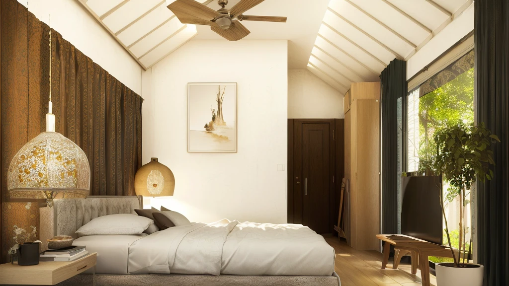 Bed room interior, (realistic:1.2), Raw photo,Masterpiece, glass, high quality, best quality, authentic, super detail, cinematic lighting,