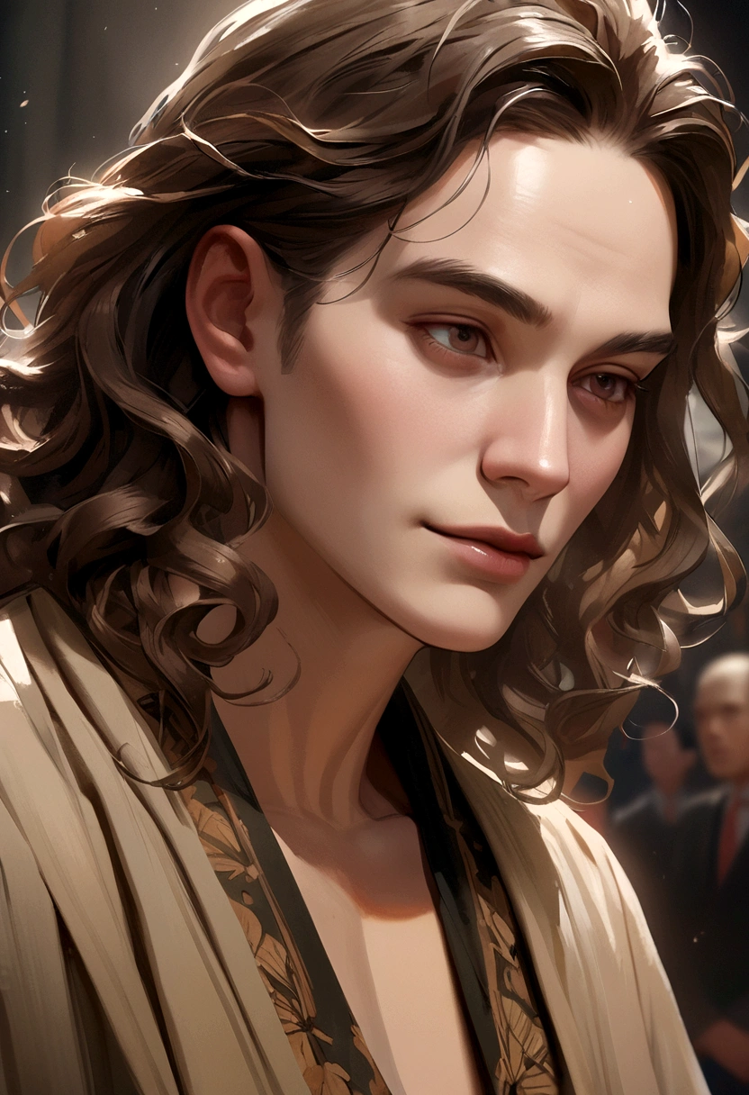 brown wavy hair man, realist