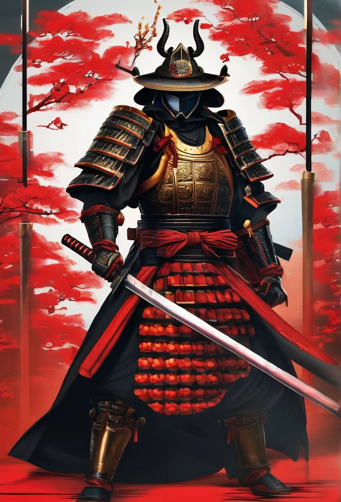 (Best quality,4K,8K,A high resolution,Masterpiece:1.2),Ultra-detailed,Realistic:1.37,Samurai of the Sengoku period of Japan,Wear full samurai armor,Black samurai mask,Holding a sharp katana,A strong sense of oppression,Glowing red eyes