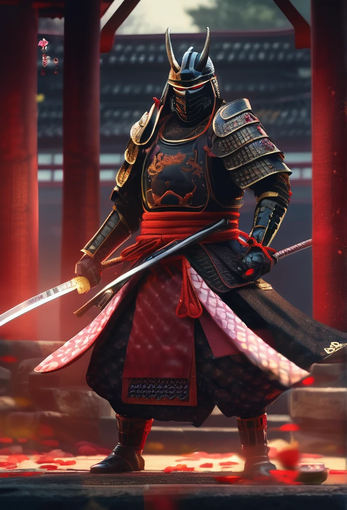 (Best quality,4K,8K,A high resolution,Masterpiece:1.2),Ultra-detailed,Realistic:1.37,Samurai of the Sengoku period of Japan,Wear full samurai armor,Black samurai mask,Holding a sharp katana,A strong sense of oppression,Glowing red eyes