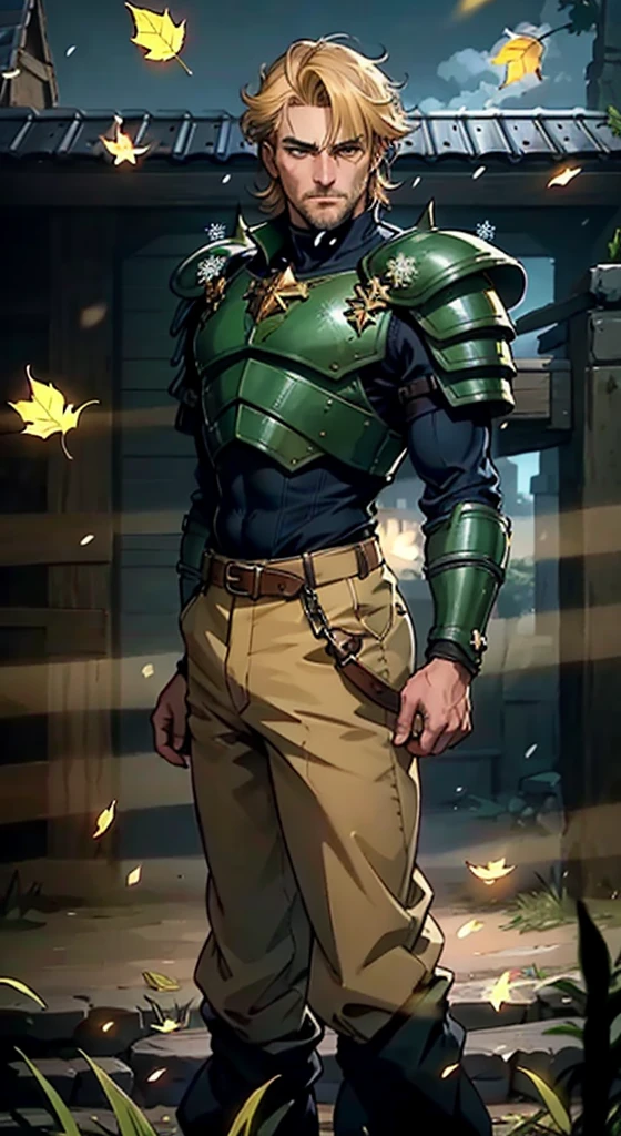 A middle-aged man with short golden hair, thick hair, a large X-shaped scar on his face, has gentle eyes, a calm expression, a fantasy-style coat with leaf-shaped chest armor, the color scheme is mainly grass green, with earthy yellow as secondary colors, a belt around his waist, coarse cloth trousers, the background shows a medieval fantasy-style street with snowflakes falling, this character embodies a finely crafted fantasy-style soldier in anime style, characterized by an exquisite and mature manga illustration art style, high definition, best quality, highres, ultra-detailed, ultra-fine painting, extremely delicate, professional, anatomically correct, symmetrical face, extremely detailed eyes and face, high quality eyes, creativity, RAW photo, UHD, 8k, Natural light, cinematic lighting, masterpiece:1.5
