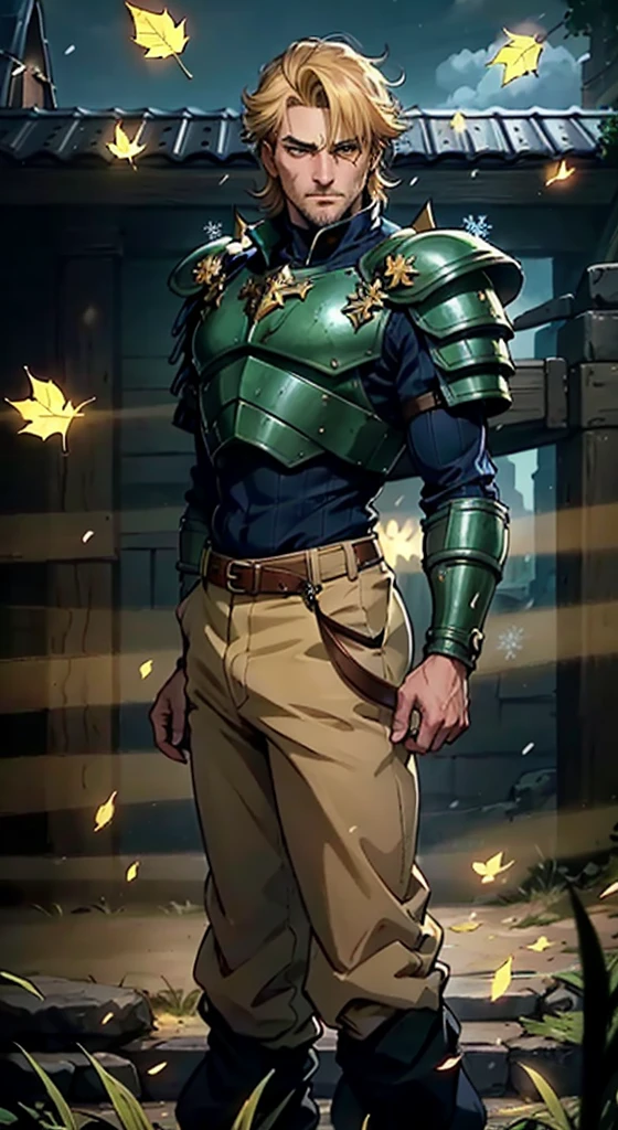 A middle-aged man with short golden hair, thick hair, a large X-shaped scar on his face, has gentle eyes, a calm expression, a fantasy-style coat with leaf-shaped chest armor, the color scheme is mainly grass green, with earthy yellow as secondary colors, a belt around his waist, coarse cloth trousers, the background shows a medieval fantasy-style street with snowflakes falling, this character embodies a finely crafted fantasy-style soldier in anime style, characterized by an exquisite and mature manga illustration art style, high definition, best quality, highres, ultra-detailed, ultra-fine painting, extremely delicate, professional, anatomically correct, symmetrical face, extremely detailed eyes and face, high quality eyes, creativity, RAW photo, UHD, 8k, Natural light, cinematic lighting, masterpiece:1.5