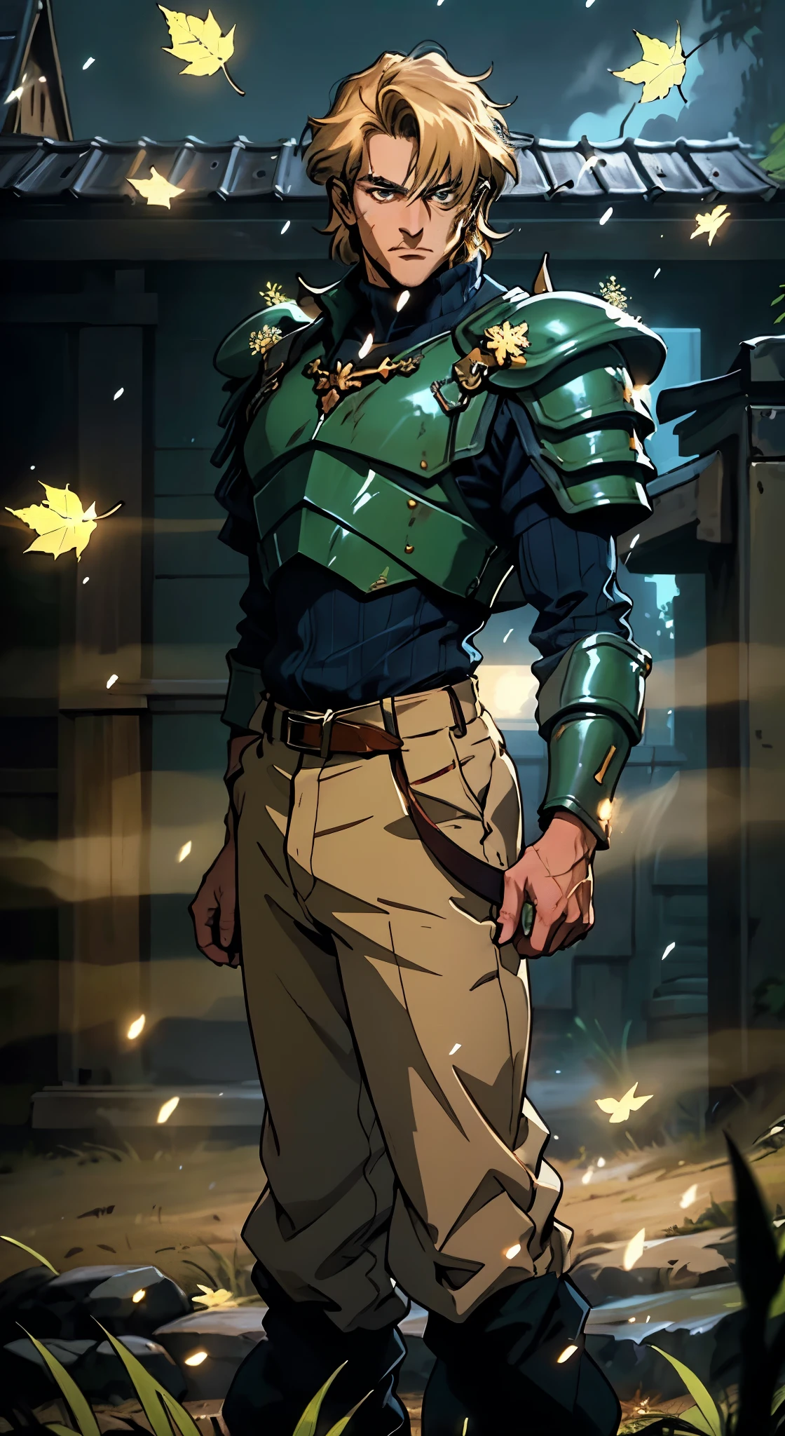 A middle-aged man with short golden hair, thick hair, a large X-shaped scar on his face, has gentle eyes, a calm expression, a fantasy-style coat with leaf-shaped chest armor, the color scheme is mainly grass green, with earthy yellow as secondary colors, a belt around his waist, coarse cloth trousers, the background shows a medieval fantasy-style street with snowflakes falling, this character embodies a finely crafted fantasy-style soldier in anime style, characterized by an exquisite and mature manga illustration art style, high definition, best quality, highres, ultra-detailed, ultra-fine painting, extremely delicate, professional, anatomically correct, symmetrical face, extremely detailed eyes and face, high quality eyes, creativity, RAW photo, UHD, 8k, Natural light, cinematic lighting, masterpiece:1.5