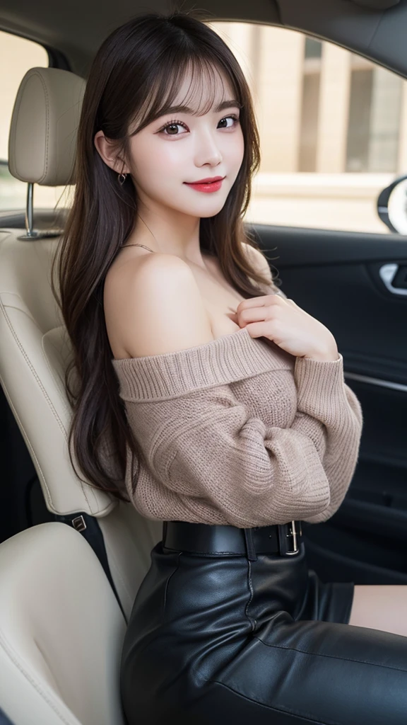 1 person、In detail, High resolution, Highest quality、Beautiful fine details, long hair, Natural color lip、Clear Skin、Shiny Hair、Tabletop, Super detailed, In detail, High resolution, 8K、Cute pose,Beautiful feet,Perfect beautiful face,KPOP idol faces,Ecstatic face、Cute face, smile、Seduce、I can see the valley、thigh boots、leather skirt、Off-the-shoulder sweater、belt、In the car、Side view、I can see the valley、Accentuate your breasts、Half-naked、Seduce