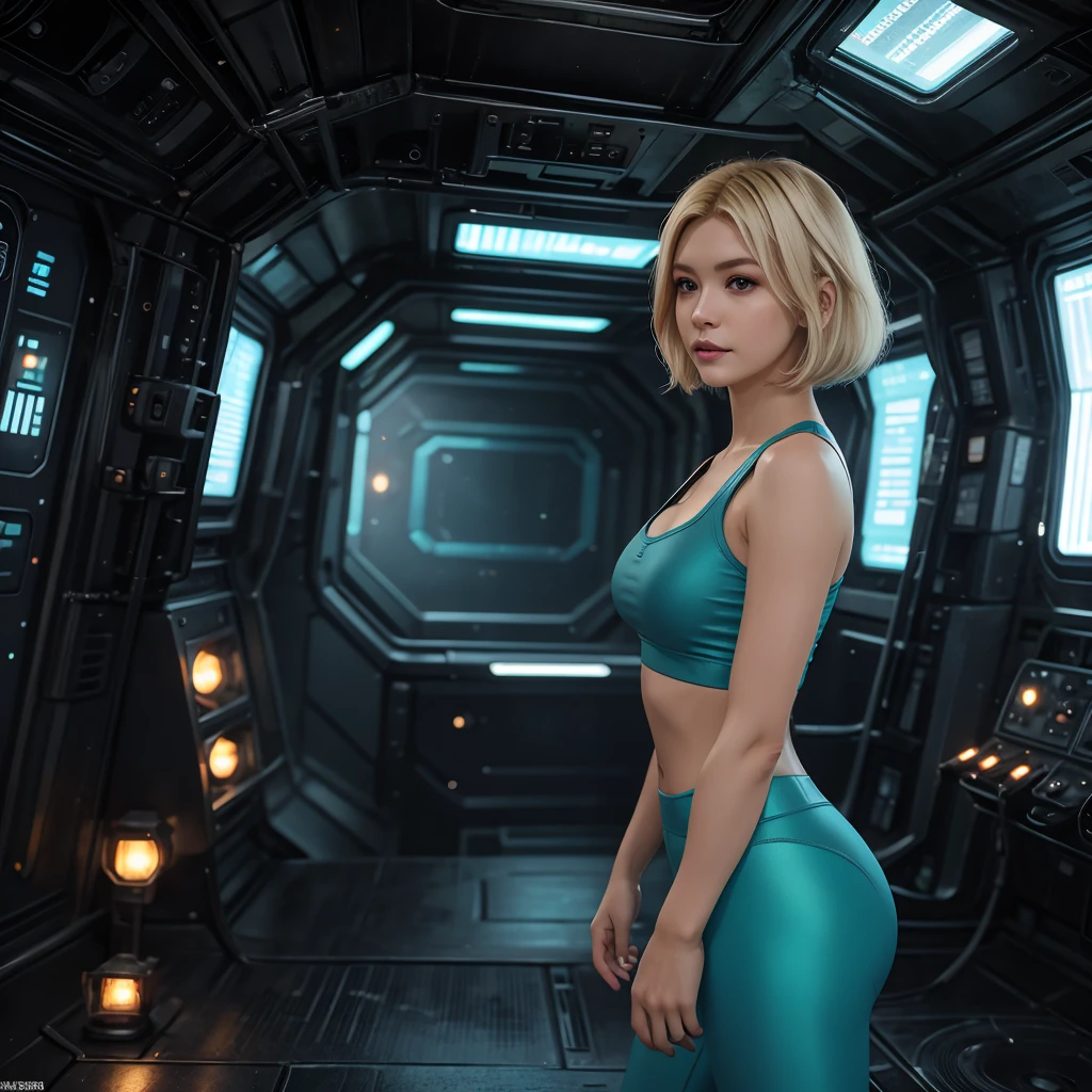 masterpiece, best quality, high quality, extremely detailed 32k unit an enchanting front view, A pretty 40 year old Blonde haired woman, she is standing out side of a Futuristic space station at night, she is wearing teal leggings and a crop top, her hair is Choppy Bob hair style, she looks beautiful in the glow of the amber lights, (best quality ,photorealistic)

