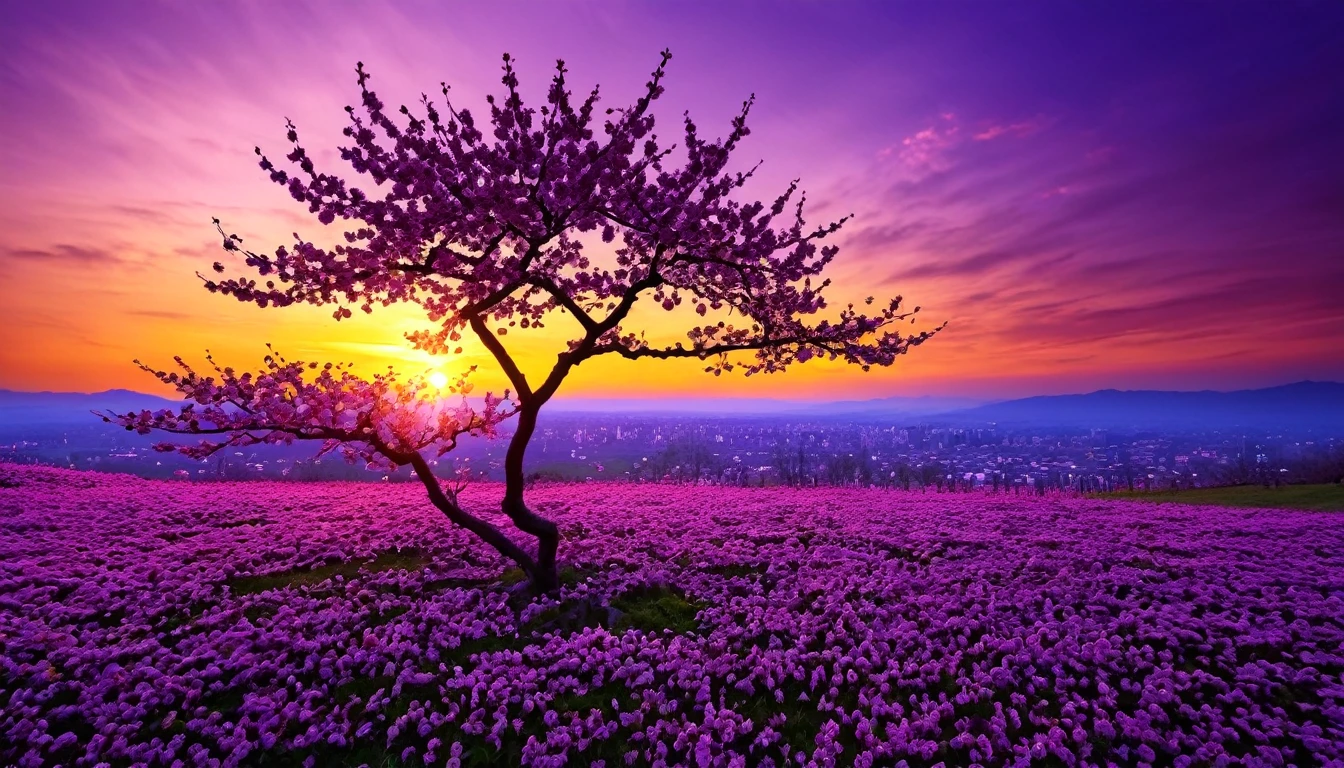 purple cherry blossom against sunset, really beautiful nature, cherry blossom in full bloom, purple beautiful sky, purple and yellow sunset, fantastic landscape, highly detailed